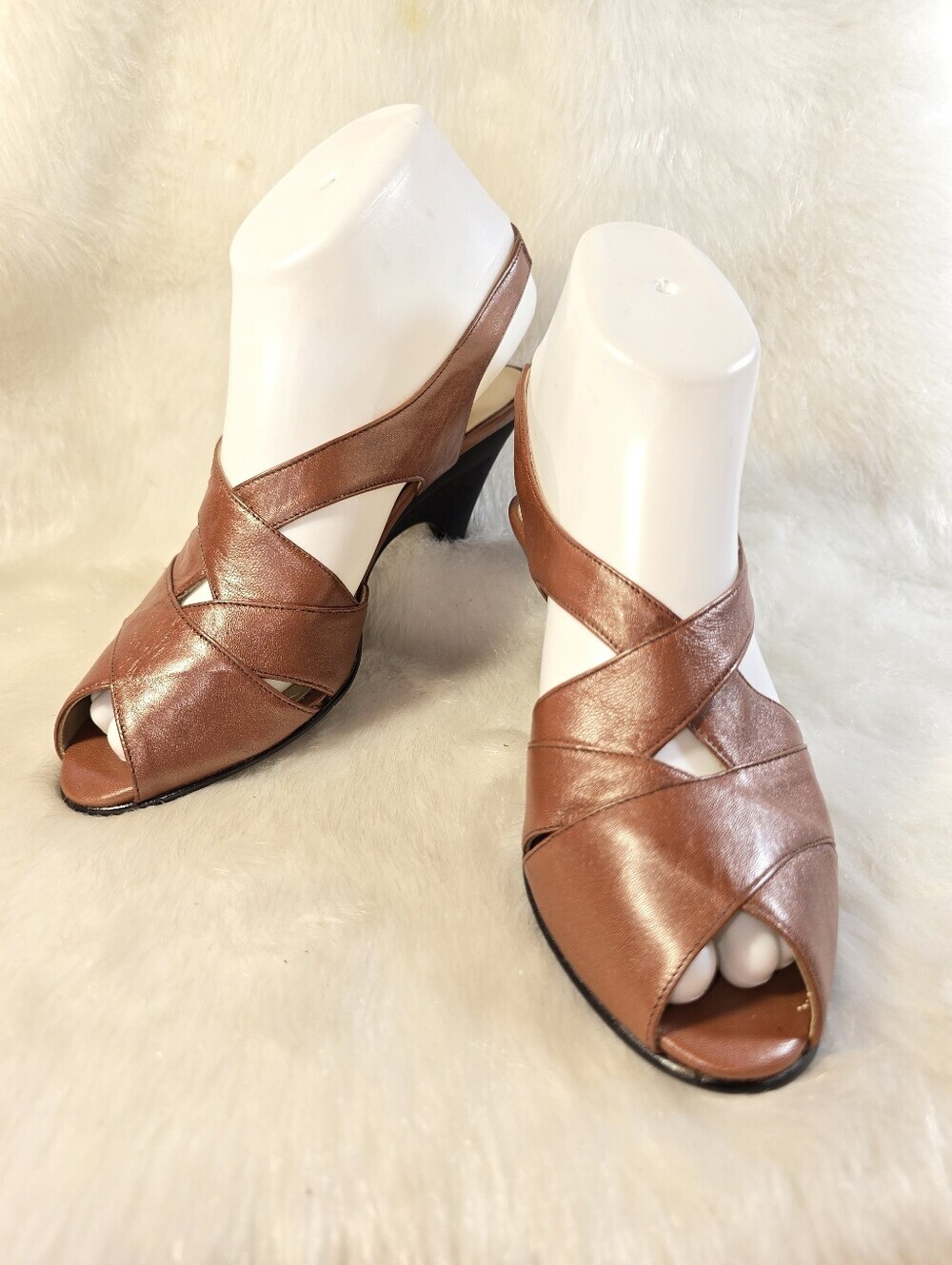 Bandolino Metallic Copper Leather Peep-Toe Crisscross Wedged Slingbacks